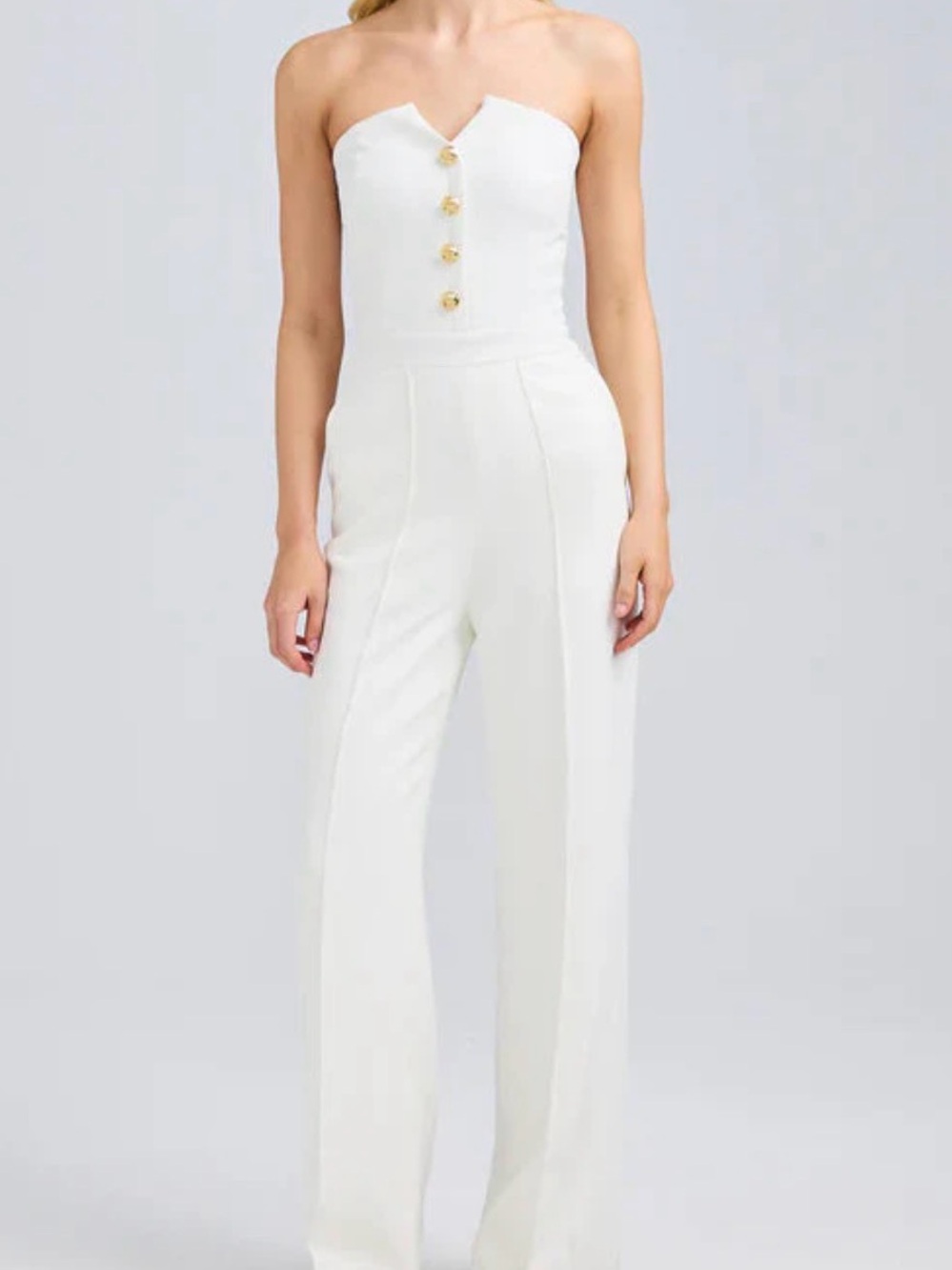 Generation Love Camilo Strapless White Wide-Leg Jumpsuit with Gold Buttons
